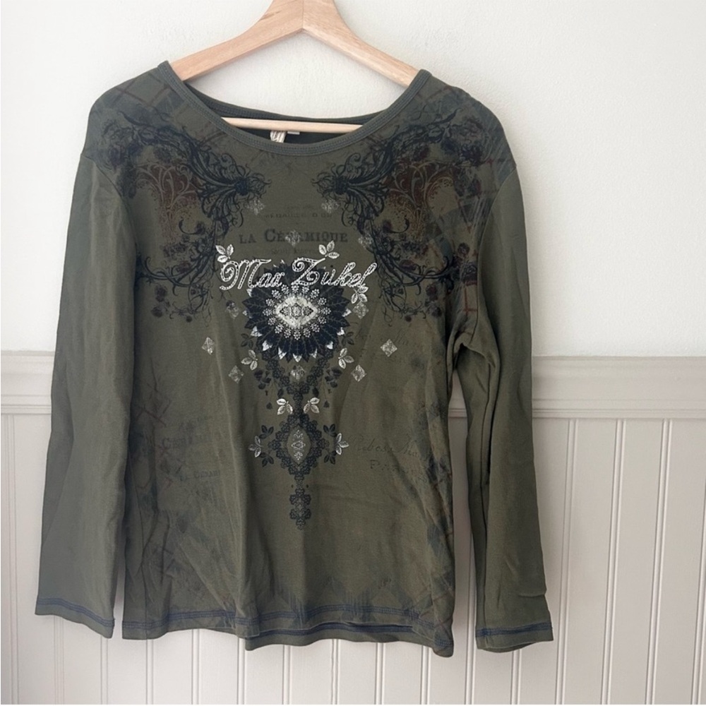 Y2K Susan Lawrence Size XL Rhinestone Bling Olive Graphic Long Sleeve Tee